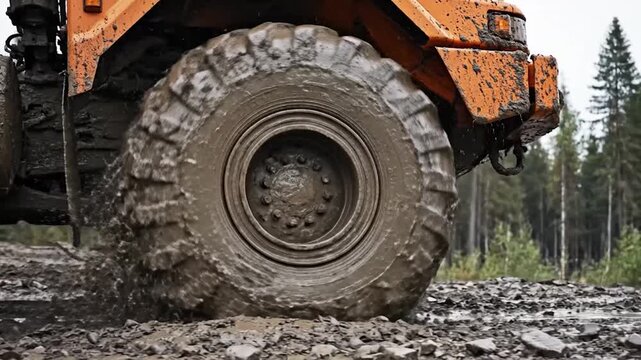 Heavy machinery wheel splashing mud rugged terrain