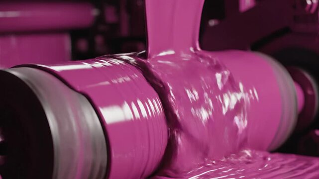 Vibrant Pink Ink Flows Over Industrial Rollers in Close Up Manufacturing Process Creating Textured Liquid Coating in Soft Lighting