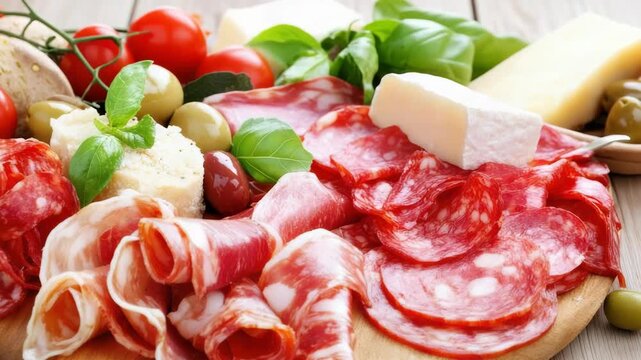 Cured meat and cheese charcuterie board with salami prosciutto cheese basil olive appetizing rustic