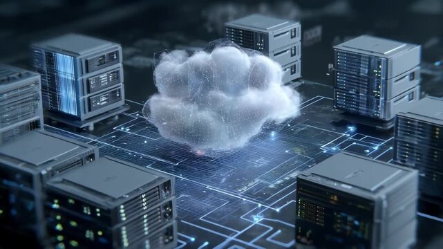 Medium shot of a hybrid cloud infrastructure setup showcasing servers and digital interfaces blending public and private cloud environments for scalable ISP solutions.
