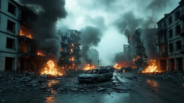 A dramatic and intense depiction of urban devastation with burning buildings and rubble filled streets, conveying a sense of chaos and destruction.