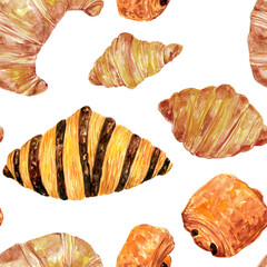 Fresh golden croissants watercolor illustration, seamless pattern, background, isolated image, food, baked goods, bakery, breads, pastries, dessert, cafe menu, clipart, clip art, set, collection, PNG
