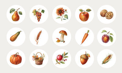 Watercolor Autumn Harvest Collection of Seasonal Icons