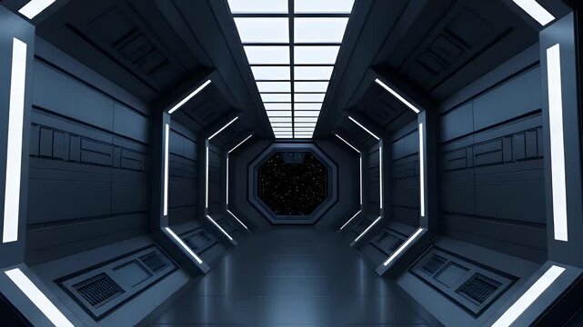 Experience a futuristic space station corridor with neon lights leading to a breathtaking galaxy view. Ideal for sci-fi projects, presentations, or marketing materials.