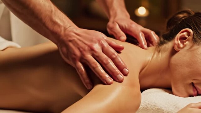Close Up of a Man Giving a Woman a Full Body Massage with Warm Oil Under Soft Ambient Lighting Creating a Relaxing Spa Atmosphere