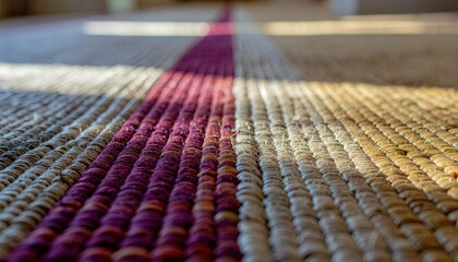 Close up of a textured woven rug with a vibrant magenta stripe and warm sunlight casting shadows across the fibers creating a cozy indoor atmosphere