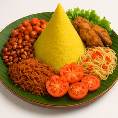 Nasi Tumpeng: Traditional Indonesian Yellow Rice Cone with Assorted Side Dishes on a Banana Leaf Platter, a Festive and Delicious Culinary Experience.