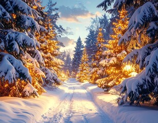 Camino nevado rodeado de &aacute;rboles de Navidad cubiertos de nieve y decorados con luces c&aacute;lidas, creando un paisaje invernal m&aacute;gico al anochecer en medio del bosque.