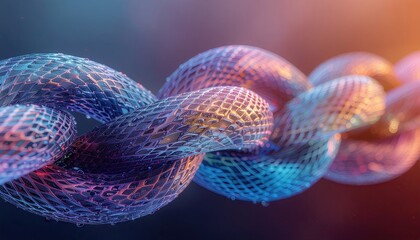 Abstract Digital Blockchain Network Connection with Glowing Particles and Orange and Blue Lighting