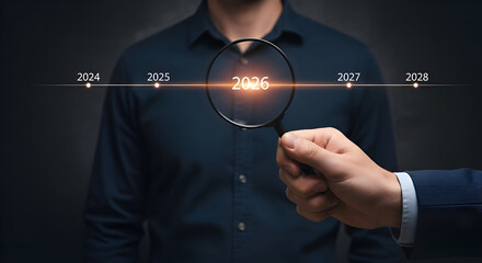 Businessman Magnifying 2026 on Timeline for Future Business Strategy.