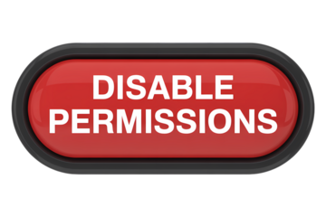 3d icon Red button with DISABLE PERMISSIONS in white text . Isolated on transparent background, png