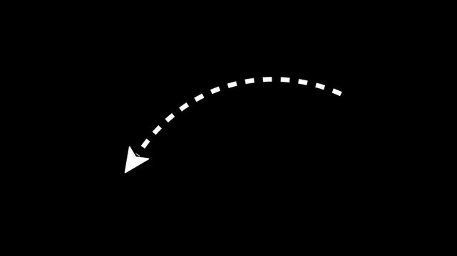Thin dotted line arrow animation on black background, 4K video.