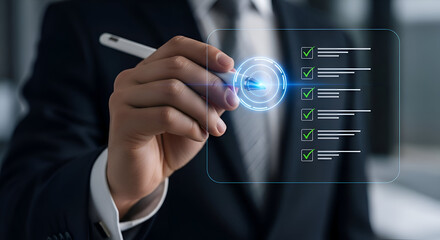 Businessman Interacting with Digital Checklist and Glowing Interface.