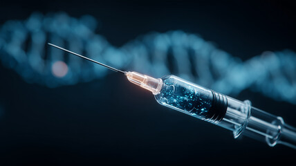 A medical syringe aligned with a digital DNA sequence symbolizing genetic therapy, vaccination and biomedical innovation.
