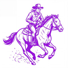 Fototapeta premium Cowboy riding horse while moving in open field in color: vivid indigo