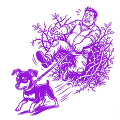 Fototapeta premium Man gets pulled by dog in a bush at the park in color: vivid indigo
