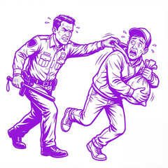 Fototapeta premium Police officer chases thief in busy city street in color: vivid indigo