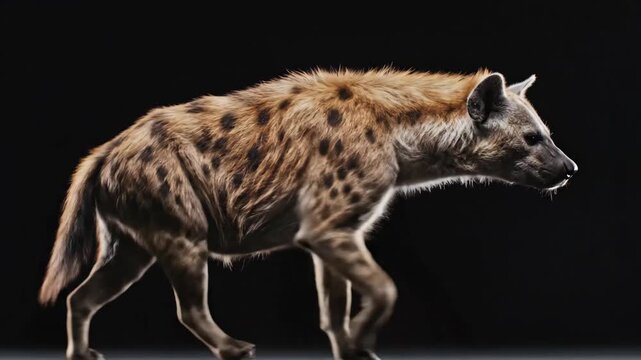 Hyena Walking in Darkness with Focused Gait Showing Spotted Fur and Powerful Movement