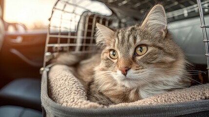 Close-up of a fluffy cat inside a carrier in a vehicle, likely during a journey. Warm light shines through
