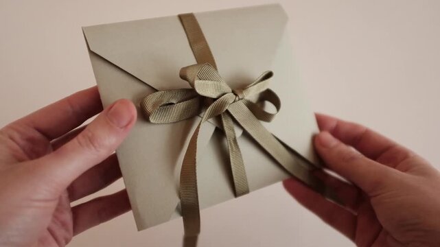 Closeup slow motion video of green envelope and velvet bow tie ribbon with blank white greeting card inside.