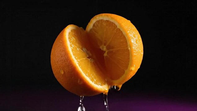 Fresh Orange Halves Splitting Apart with Water Droplets Falling.