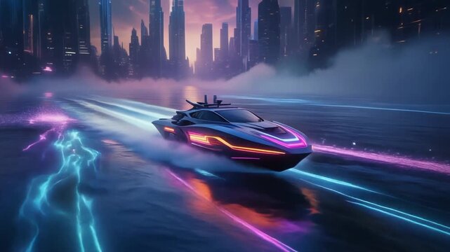 Futuristic Speedboat with Neon Lights on Water Against Cyberpunk Cityscape at Night
Experience the thrill of a sleek, futuristic speedboat adorned with vibrant neon lights, cutting through the water.