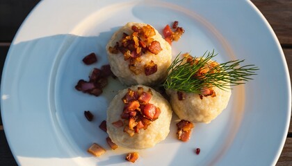 Three traditional canederli dumplings garnished with crispy bacon bits and fresh dill on elegant white ceramic plate