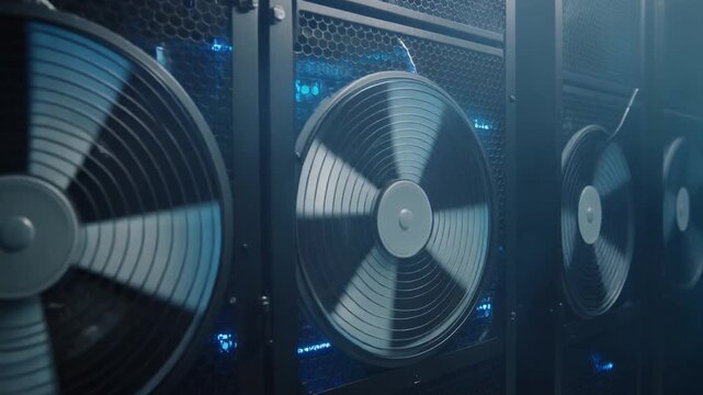 Close-up of spinning fans in a server room, highlighting the cooling system of a data center.