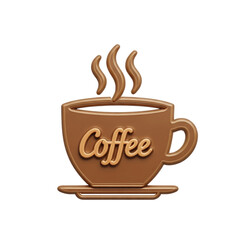 Obraz premium A charming 3D stylized coffee cup icon featuring steam and the word 'Coffee' in elegant script, presented in warm brown and beige tones, isolated on transparent background.