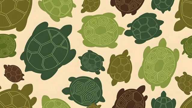 A seamless pattern of flat turtle illustrations in various shades of green and brown. Perfect for backgrounds, textiles, and designs needing a natural, wildlife touch.