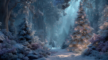 Snowy winter forest glade illuminated by ethereal golden and cool blue lights twinkling on snow-covered pine Christmas trees.