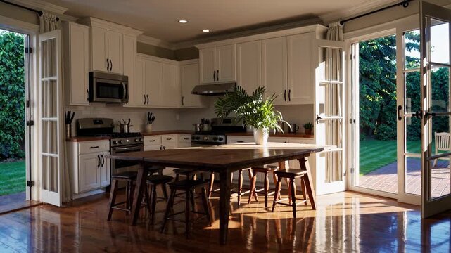 Bright modern kitchen interior featuring white cabinetry, stainless steel appliances, a large wooden island with stools, and open french doors leading to a lush green backyard