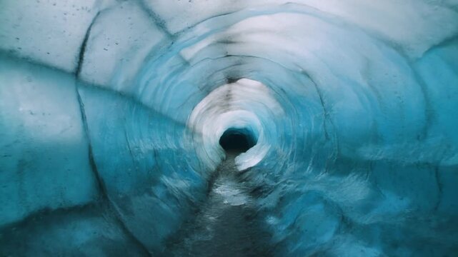 Exploring the mesmerizing blue ice cave tunnel.