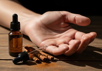 Cinnamon essential oil with dropper and open hand on wooden table 