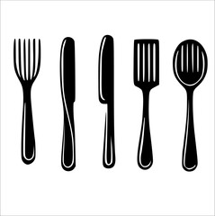 Essential Cutlery in Silhouette Style A clean and bold visual of everyday kitchen tools, highlighting their shapes in black and white