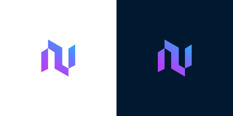 Obraz premium Abstract Geometric 'N' Logo Design with Gradient Colors on White and Dark Backgrounds
