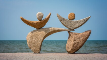 Stone figures balanced on each other, joyful pose, seaside setting