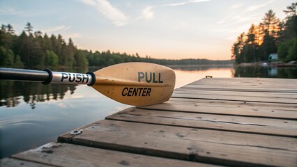 Kayak paddle rests on a wooden dock beside a calm lake