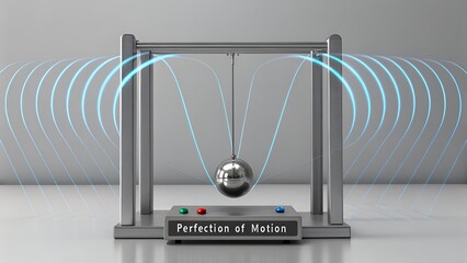 Minimalist steel pendulum swinging with glowing light trails