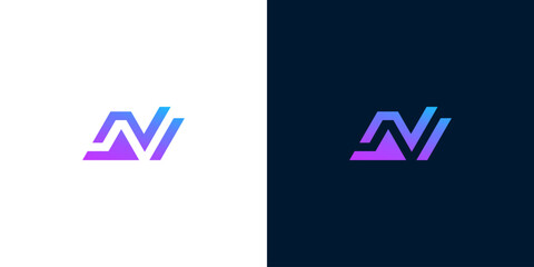Modern abstract letter N logo with a vibrant purple and blue gradient, symbolizing innovation, growth, and technology, showcased on light and dark backgrounds