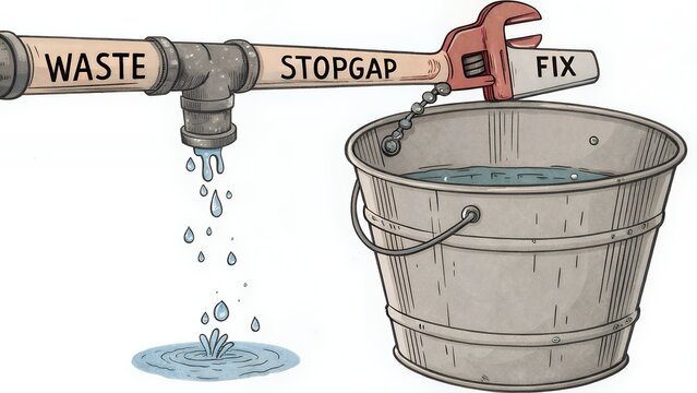 Metal bucket collecting dripping water from a leaky pipe