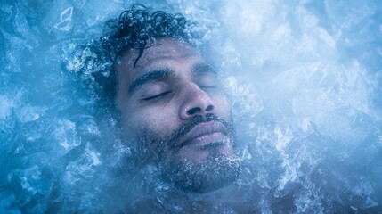 Close-up of a man submerged in ice. His face is illuminated, eyes closed, surrounded by glistening frozen water. Atmospheric and tranquil scene