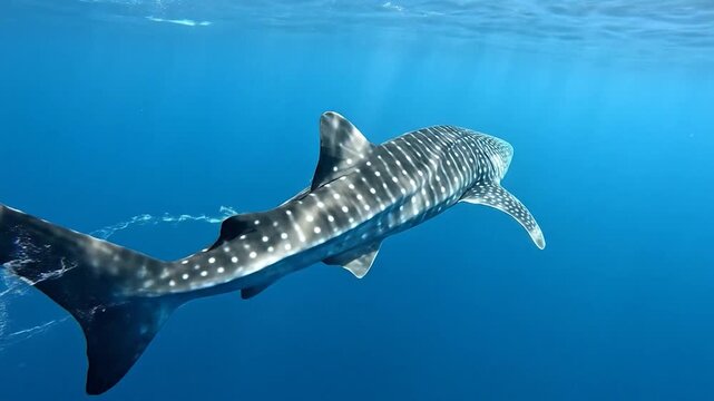 Large whale shark gliding through clear blue ocean water with sunlight