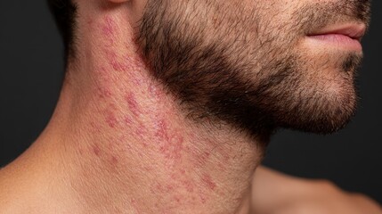 Obraz premium Close-up of a man's neck showing red, irritated skin, potentially indicative of an allergic reaction or skin condition