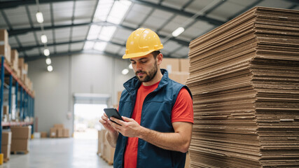 Warehouse worker using smartphone near stack of cardboard boxes in industrial storage facility
