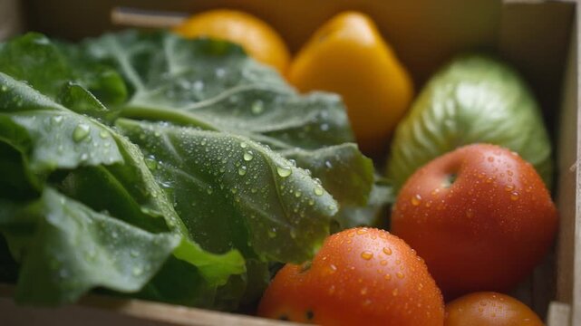 Freshly picked vegetables with water droplets.