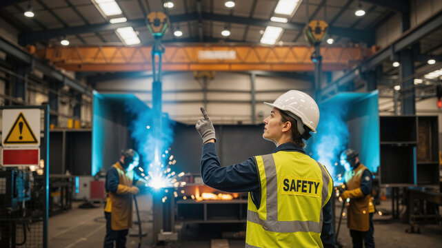Female safety officer supervising welding operations in industrial factory setting