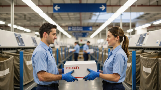 Two postal workers exchanging a priority mail box in a sorting facility