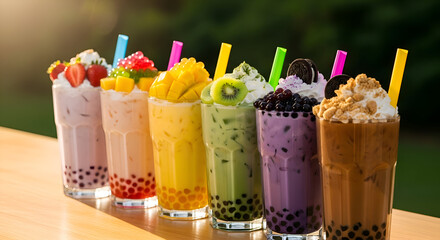 Assortment of Colorful Bubble Tea Drinks with Various Toppings and Straws on a Wooden Counter.