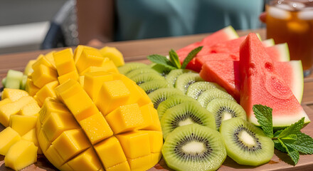 Vibrant Tropical Fruit Platter with Sliced Mango, Kiwi, and Watermelon.